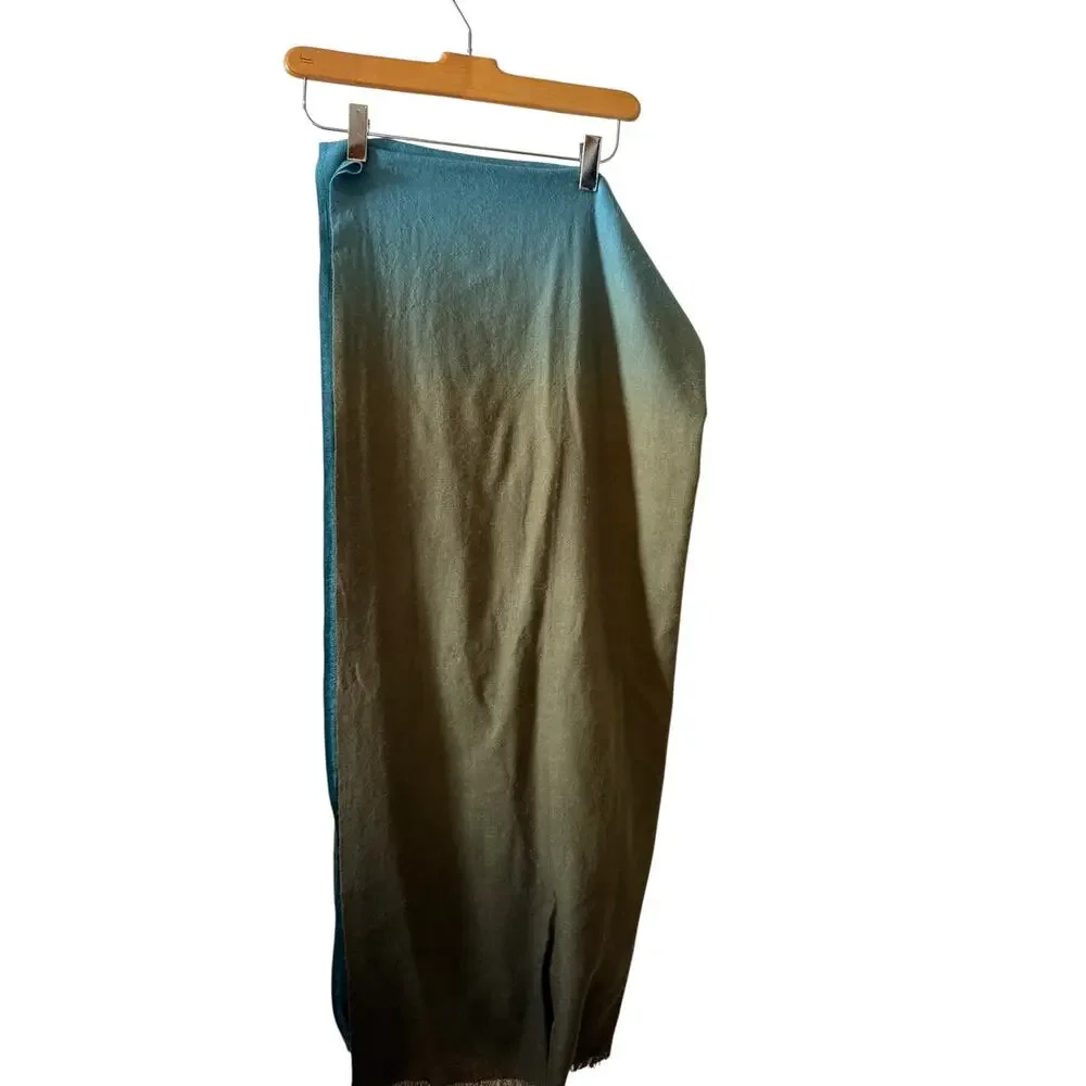 Vince Wool & Cashmere Blend Large Ombre Wrap Scarf Teal Blue Olive Green